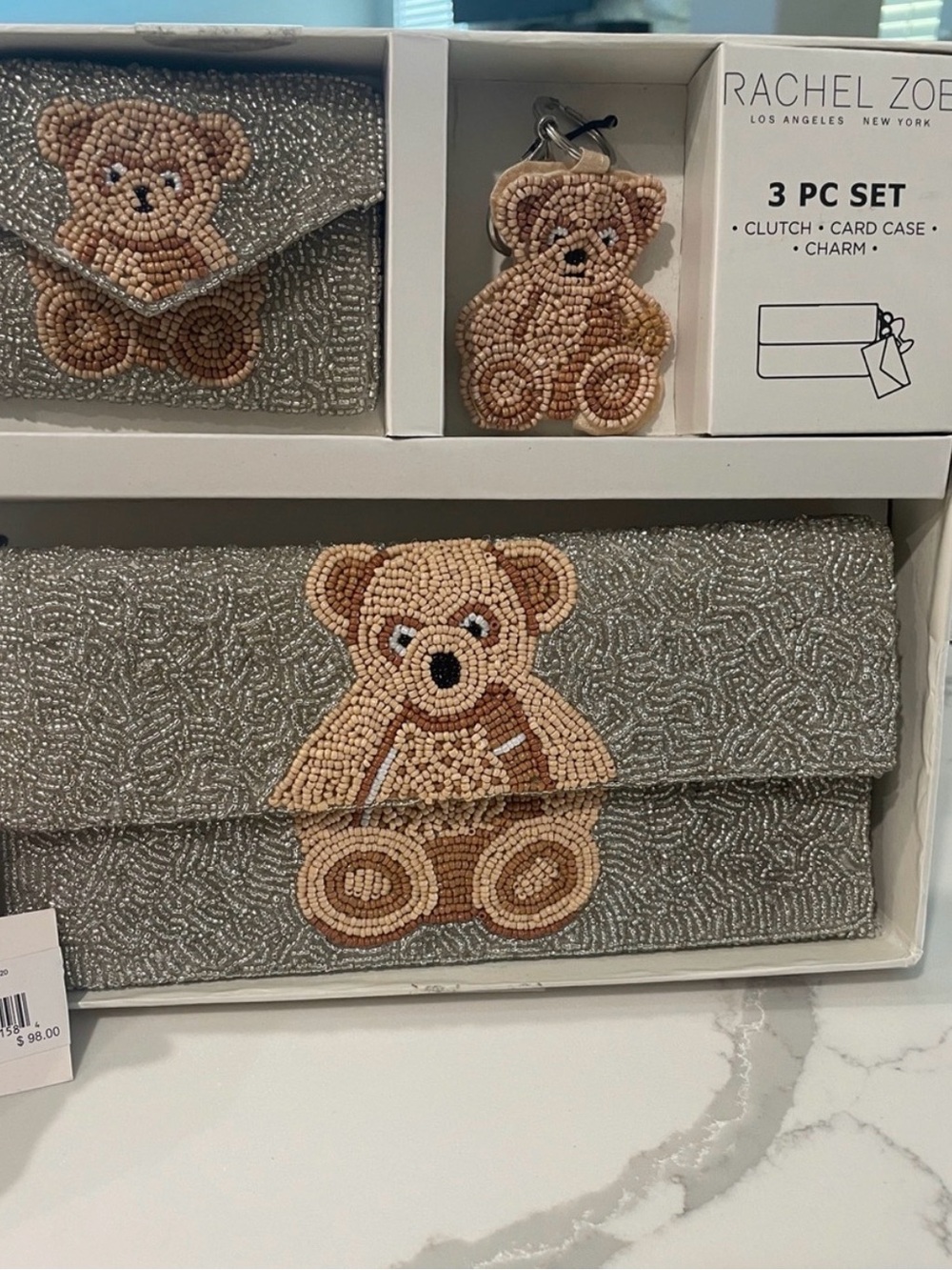 Rachel Zoe Silver Beaded Teddy Clutch, Card Case & Charm Set